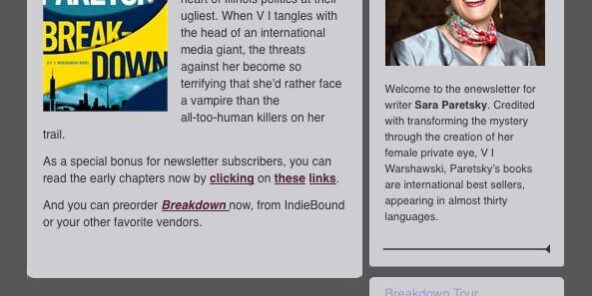 selected-01-newsletter-writing-optimized Exempel på ett nyhetsbrev från författaren Sara Paretsky med text och bilder.