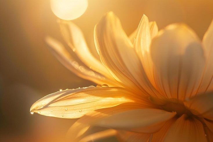 Närbild av en orange blomma i varmt naturligt motljus med vattendroppar