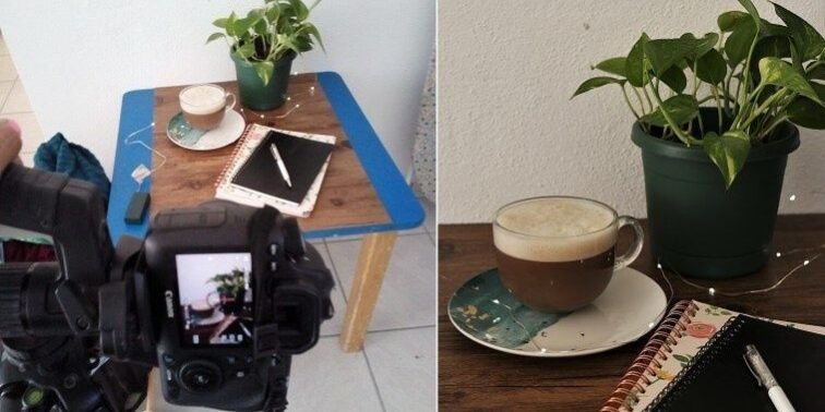 Kamera fotograferar ett kaffestilleben med växt och anteckningsbok