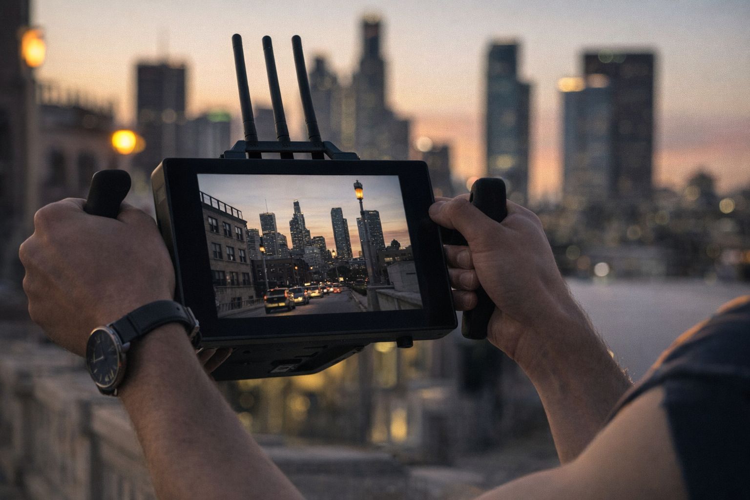 En filmare håller i en regissörsmonitor som visar stadsmiljö under en produktion.